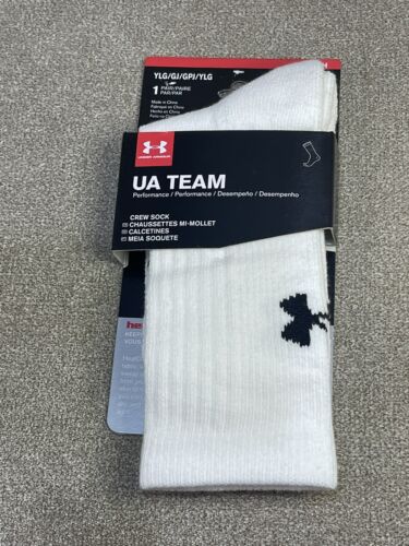 Under Armour Socks White UA Team Performance Cushion Crew Logo Youth L $12 MSRP - Picture 1 of 5
