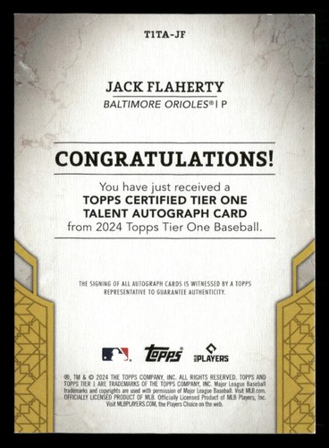 2024 Topps Tier One Jack Flaherty #TITA-JF Tier One Talent RED Auto /25 Orioles - Picture 2 of 2