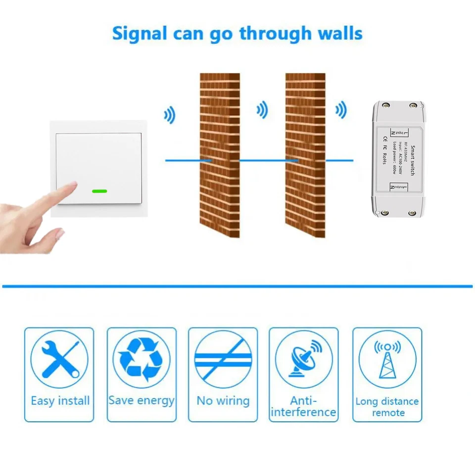 433Mhz 10A Funk Lichtschalter Empfänge An Aus Taster Funkschalter Wandschalter - Bild 4 von 4