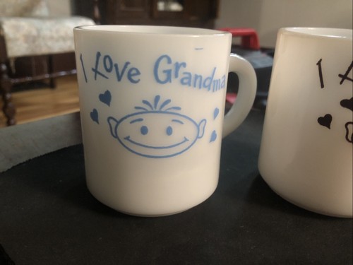 Vintage Milk Glass Mugs Grandma Grandpa Coffee Cups Set 2 - Picture 2 of 6