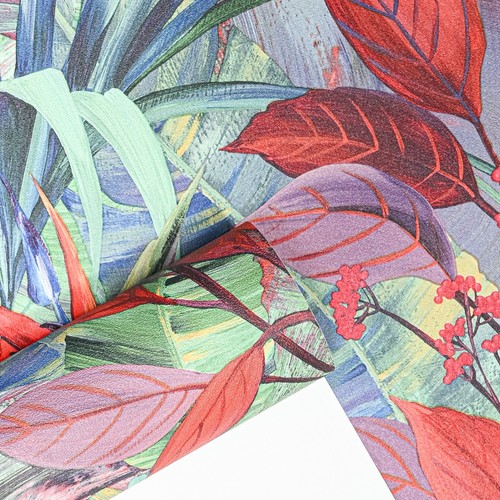 Red Green Blue Wallpaper Tropical Leaf Slightly Imperfect Textured Living Room - Picture 6 of 8