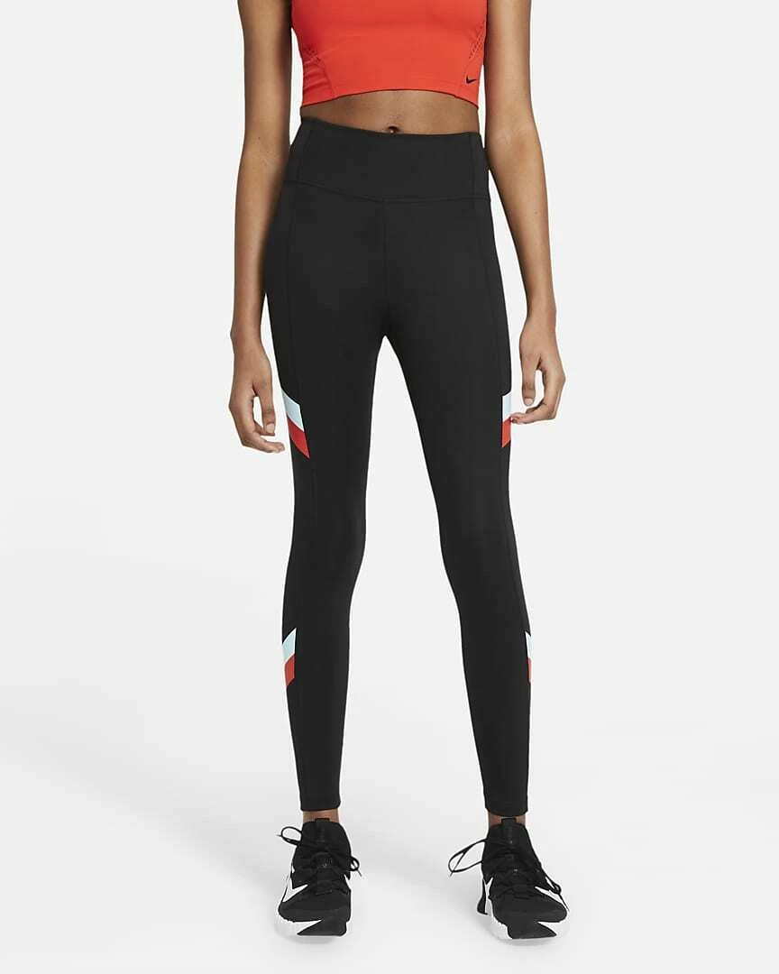 Womens Medium NIKE One Mid-Rise 7/8 Color-Block Stripe Leggings Black/Chile  Red