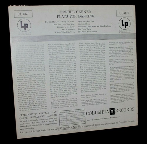 Erroll Garner Plays for Dancing 33RPM Vinyl Mono LP 1956 Columbia Records CL 667 - Picture 2 of 6