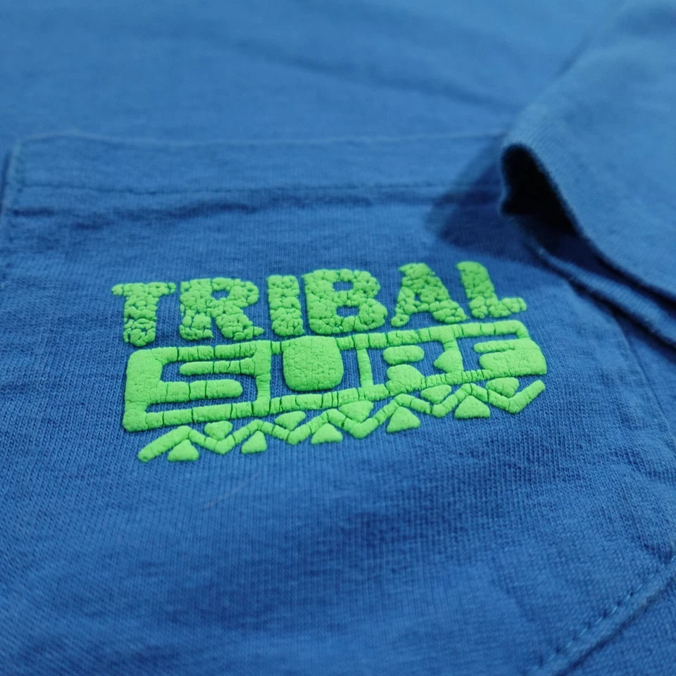 Camisa de Surf Tribal Vintage Hombres L Azul Puntada Única Bolsillo Estampado Hinchado Años 80 13060 Foto 3 de 4