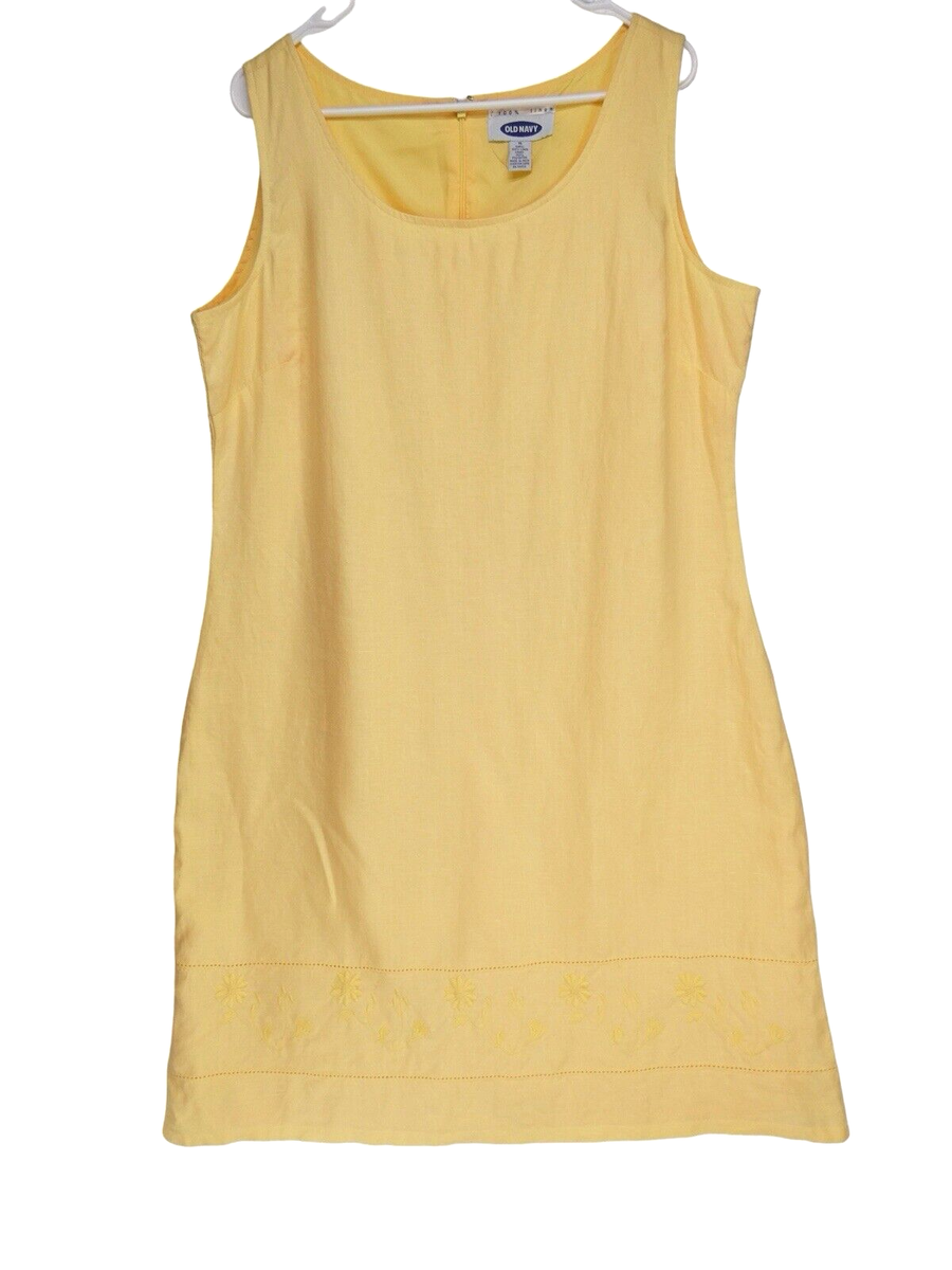 VTG Y2K Old Navy 100% LINEN Sheath Dress Size 16 Yellow Embroidered Sundress VTG Y2K Old Navy 100% LINEN Sheath Dress Size 16 Yellow Embroidered Sundress