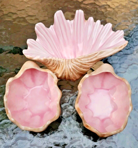 Vtg Ceramic Shell Set of 3 Pink Scalloped Nautical Beach Trinket Dish Tiki Decor - Picture 2 of 17