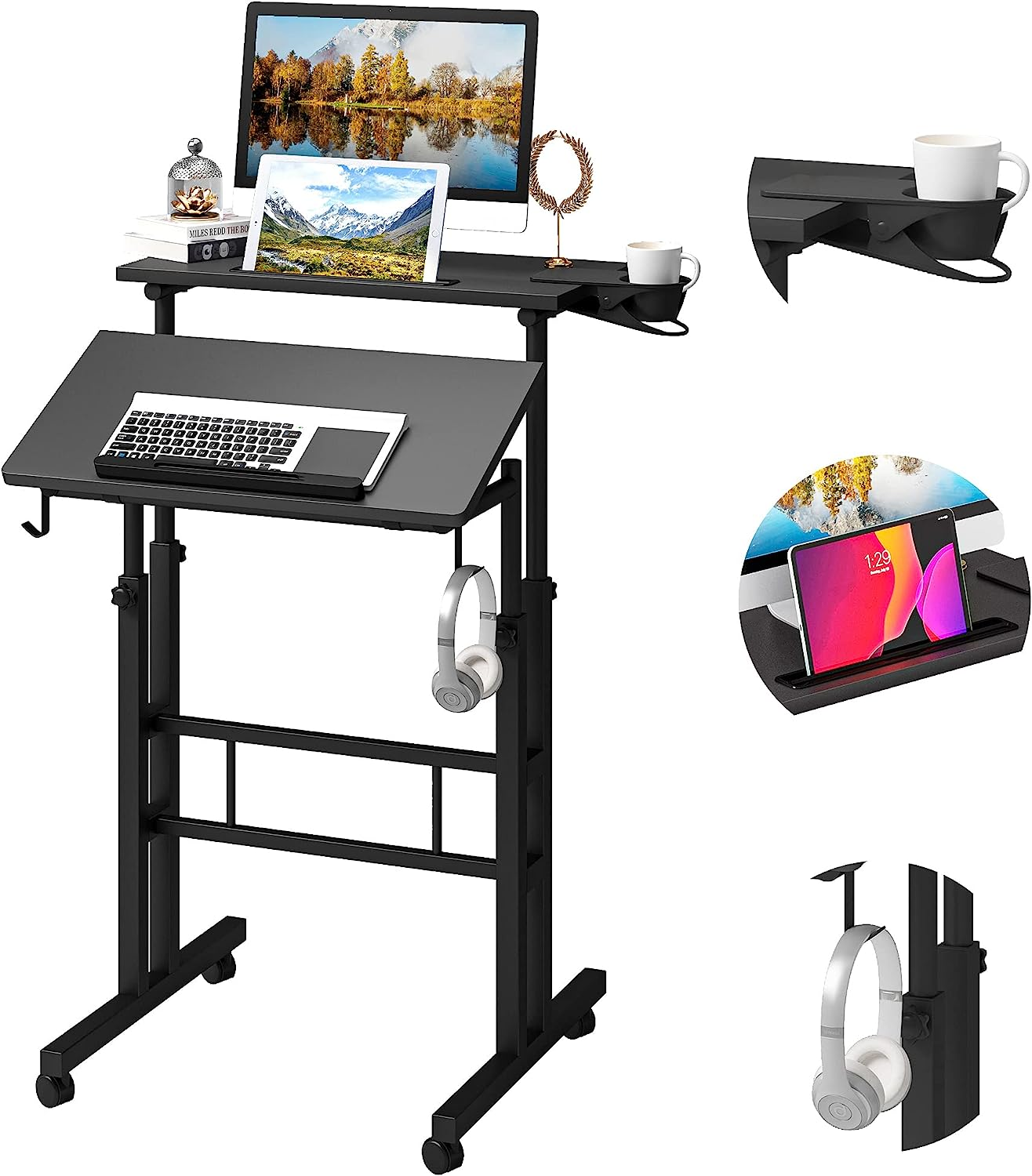 Adjustable Height Standing Desk with Cup Holder Portable and Mobile Design-image