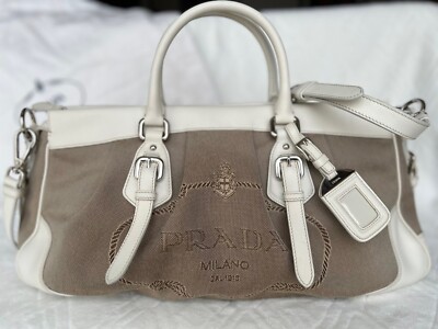Prada Canapa white canvas Bauletto bag 2Way | eBay Prada Canapa white canvas Bauletto bag 2Way | eBay
