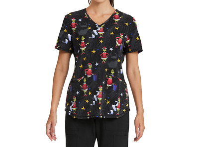Scrubstar Women's Grinch Happiness Scrub Top, Black Size 2XL