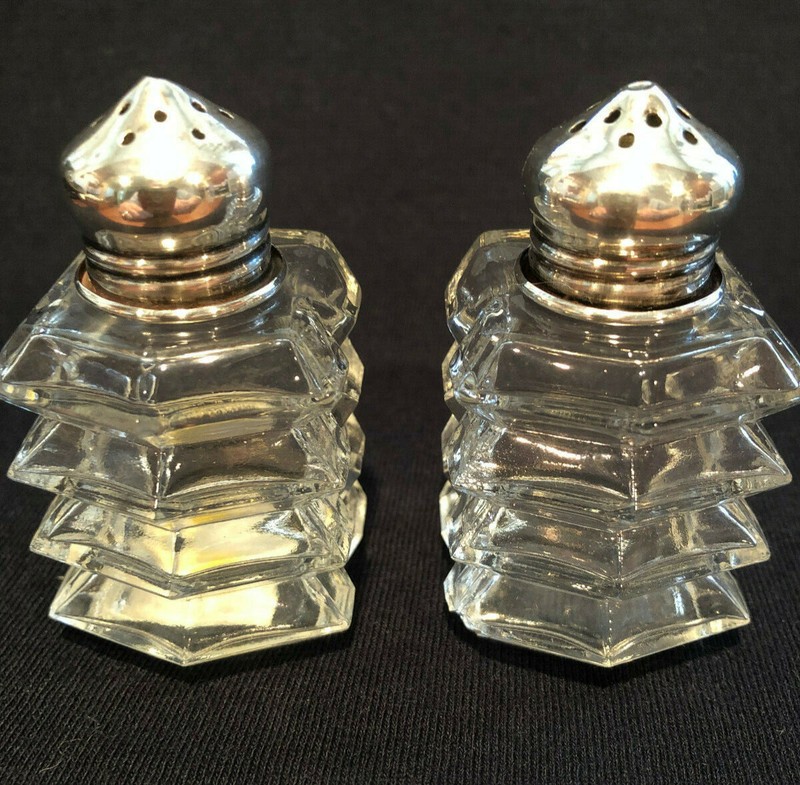 VINTAGE CUT GLASS STERLING LIDS SALT PEPPER SHAKERS
