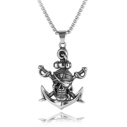 MEN Stainless Steel Vintage Skull Pirate Anchor Pendant Necklace 24" Chain 1081 - Picture 4 of 5