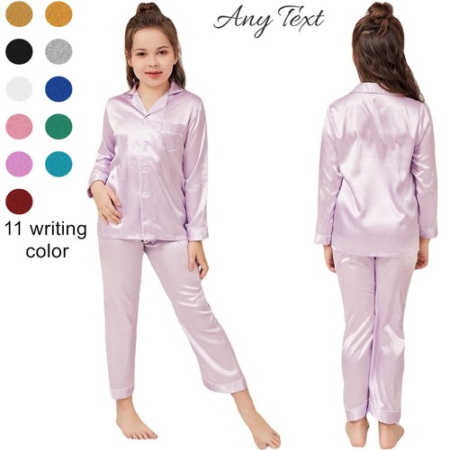 UK Personalized Girls Boys Pyjamas Nightwear Top Pants Pjs Satin Sleepwear Kids - Picture 40 of 49