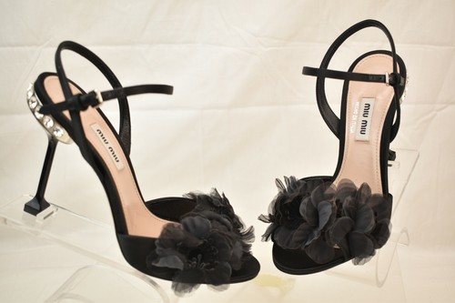 MIU MIU PRADA BLACK SATIN FLORAL JEWELED CRYSTALS BUCKLE ANKLE STRAP PUMPS 39.5 - Picture 7 of 12