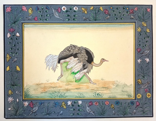 Africano Struzzo Uccello Fatto a Mano Miniatura Pittura Con Floreale Bordo Africano Struzzo Uccello Fatto a Mano Miniatura Pittura Con Floreale Bordo
