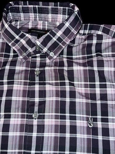 JOHN VARVATOS USA Large Long Sleeve Roll Tab Button Down Plaid Shirt Peace Sign - Picture 2 of 8