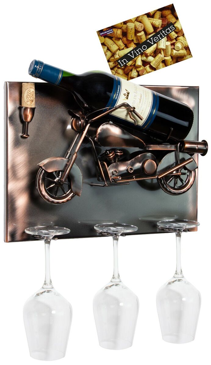 BRUBAKER Moto Porte-bouteille de Vin murale en Métal cuivré avec 3 Porte-verre
