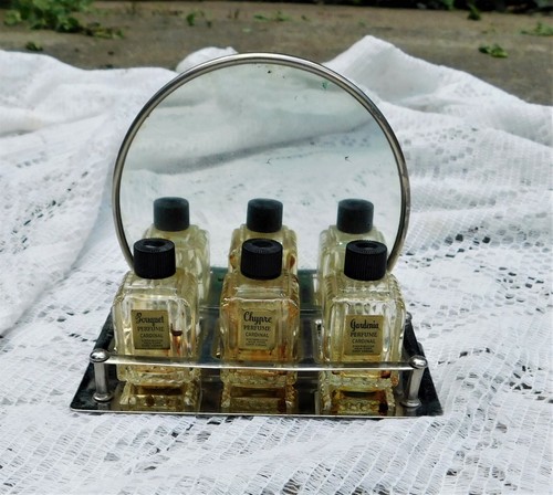 VINTAGE 1940's / 50's CHROME ART DECO CARDINAL COLOGNE STAND W/ BOTTLES & MIRROR - Picture 1 of 4