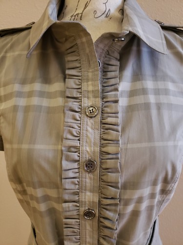 BURBERRY Gray Nova Check Print Ruffle Detail Belted Shirtdress Dress - 第 4/10 張圖片