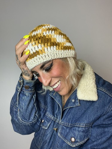 METALLIC GOLD Harvest Yellow 70’s 70s Vintage Wool Acrylic Skull Cap Beanie Hat - Picture 9 of 11