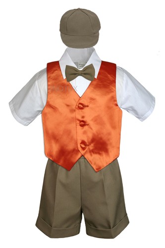5pc Boy Toddler Formal Dark Khaki Shorts Hat Bowtie Suit Satin Color Vest Set - Picture 17 of 25
