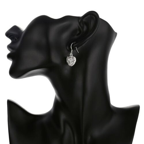 Silver Plated 3D Hollow Puffed Cut Out Scroll Design Heart Shape Dangle Earrings - Bild 9 von 9