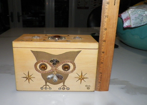 VINTAGE ENID COLLINS NITE OWL WOODEN PURSE RHINESTONE OWL - Picture 11 of 14