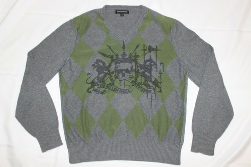 Express Design Studio Hombre M Argyle Cuello en V Suéter Calavera Verde y Gris - Imagen 1 de 4