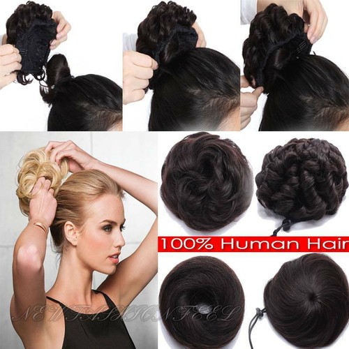 Real 100% Remy Human Hair Scrunchie Clip on Bun Extension Black Brown Blonde US - Picture 2 of 38