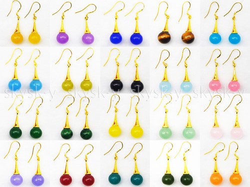 Lots 20 Color 10mm Round Multicolor Jade Gems Dangle Drop Hook Earrings - Picture 1 of 23