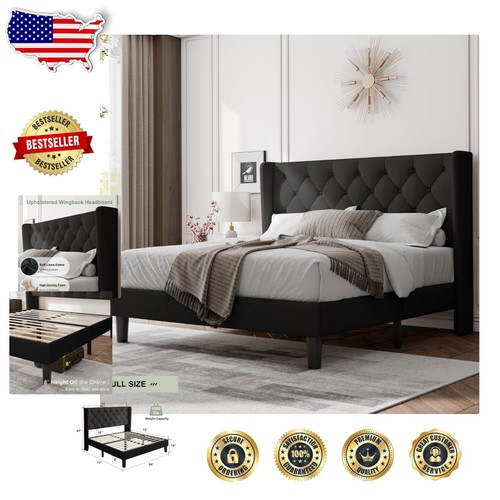 Modern Full Size Bed with Easy Assembly, Noise-Free Slats, & Wingback Headboard
