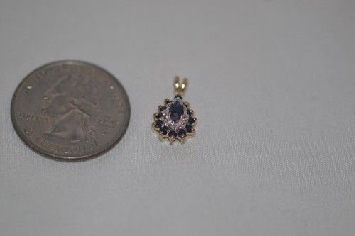 10k Yellow Gold Teardrop Pendant w 13 Blue Sapphire + 4 Diamond -PENDANT ONLY - Picture 7 of 10