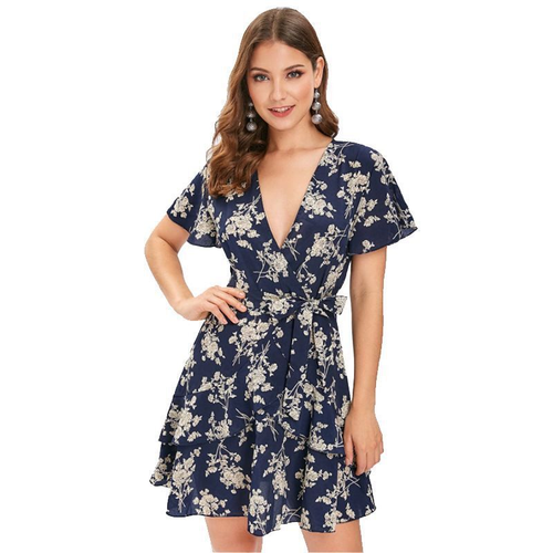 Women's Dress Summer V-neck Floral Multi-layer Printed Long Sleeved Short Dress - Picture 8 of 16
