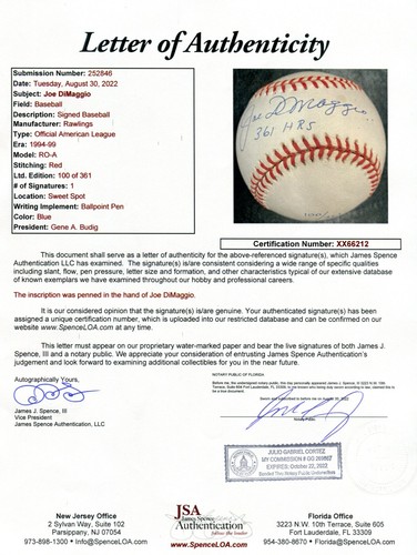 JSA Joe DiMaggio Autographed Signed INSCR LE /361 MLB Comm. Baseball DBB 1128 - Picture 2 of 7
