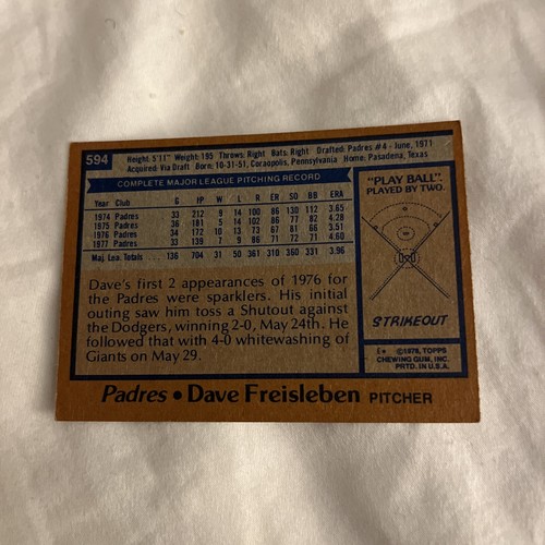 1978 Topps - #594 Dave Freisleben - San Diego Padres - - Picture 2 of 2