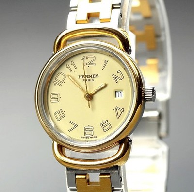 [Fast neuwertig] Vintage HERMES Pullman 24 mm elfenbeinfarbenes Zifferblatt...