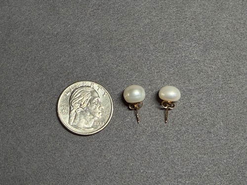 Orecchini a perno oro giallo 14 carati bianco 9 mm coltivati ​​mais acqua dolce kernel perle - Foto 12 di 14