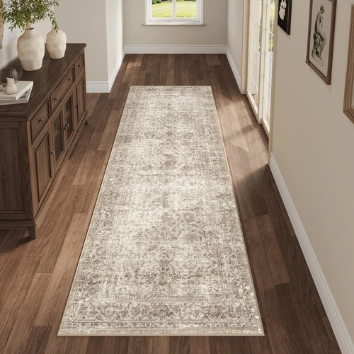 2x6 Hallway Runner Rug Beige Vintage Neutral Washable Non Slip Low Pile Tradi...