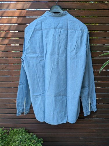H&M Blue cotton Shirt Men's uk L Button Up Long Sleeve Collarless Chambray - Picture 9 of 9