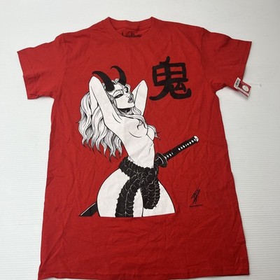 Threadless Tyler DeBerry Oni Girl Katana Red Graphic T-Shirt Mens Small S
