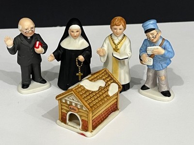 5 PERFECT LEFTON COLONIAL VILLAGE FIGURES REVEREND NUN PRIEST POSTMAN DOG HOUSE