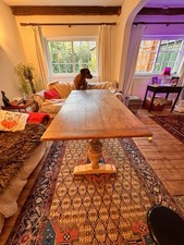 Antique Style Solid Oak Refectory Dining Table With Carved Trestle Base