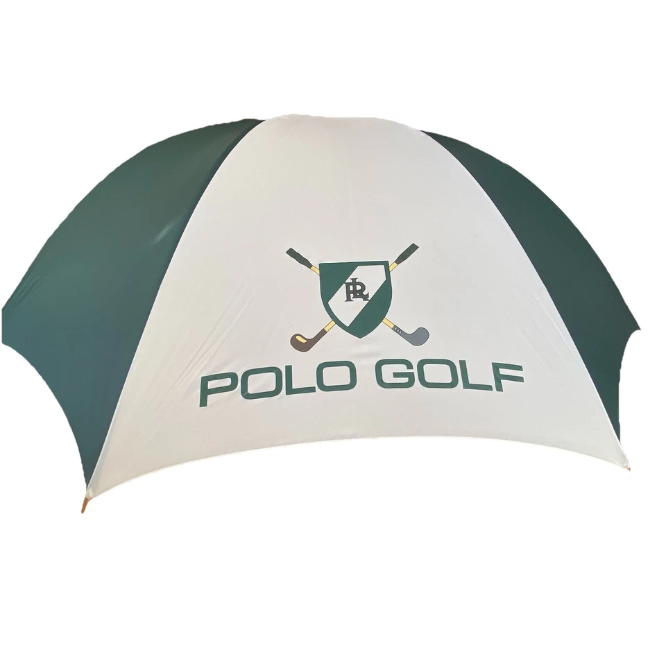 Paraguas de golf universitario POLO a rayas verdes blancas Ralph Lauren años 90 de colección mango de madera Foto 3 de 4