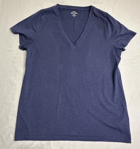 J Crew Shirt Women XL V-Neck Short Sleeve Top Slub Cotton Tee Navy Blue