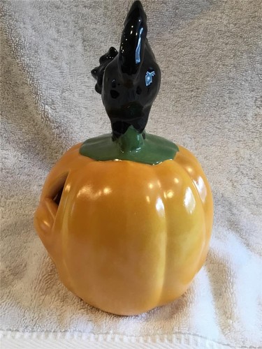 GATTO VINTAGE IN CERAMICA HALLOWEEN SU ZUCCA JACK -O-LANTERN DA COLLEZIONE - Foto 5 di 9