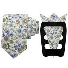 Floral Tie Sets for Men Skinny Cotton Flower Neckties Blue and Green Floral