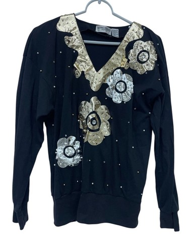 Bonnie Boerer Black Sequin Beaded Sweater Medium Black & Silver Embellished Vtg