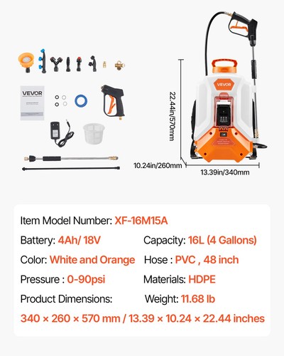 VEVOR Spruzzatore a Zaino a Batteria da 16 L Autonomia 4 Ore per Prato e Cortile - Imagen 7 de 12