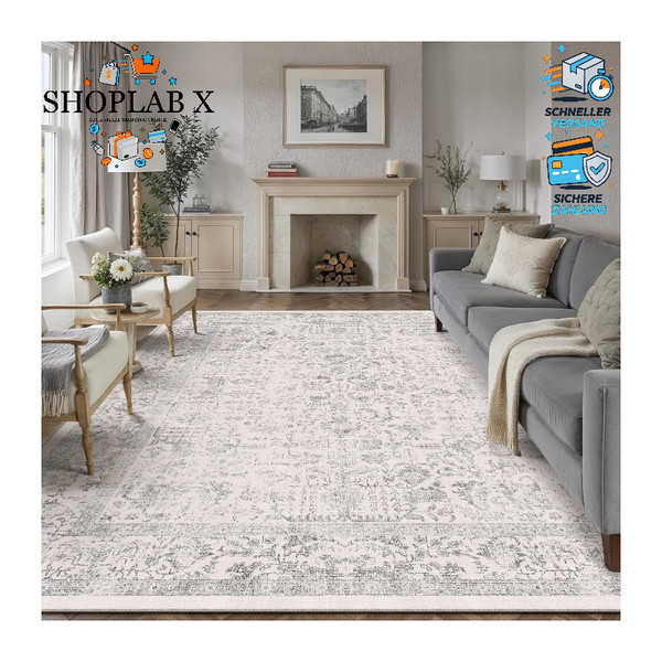 Teppich Vintage Grau Waschbar 200X300Cm Weich Rutschfest Kurzflor Wohnzimmer-image