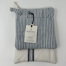 2pc Plaid & Tick Stripe Potholder Set Blue/Sour Cream Hearth & Hand w/ Magnolia