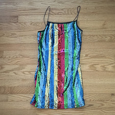 FOREVER 21 Multicolor Striped Sequin Mini Slip Dress Sleeveless M Zip